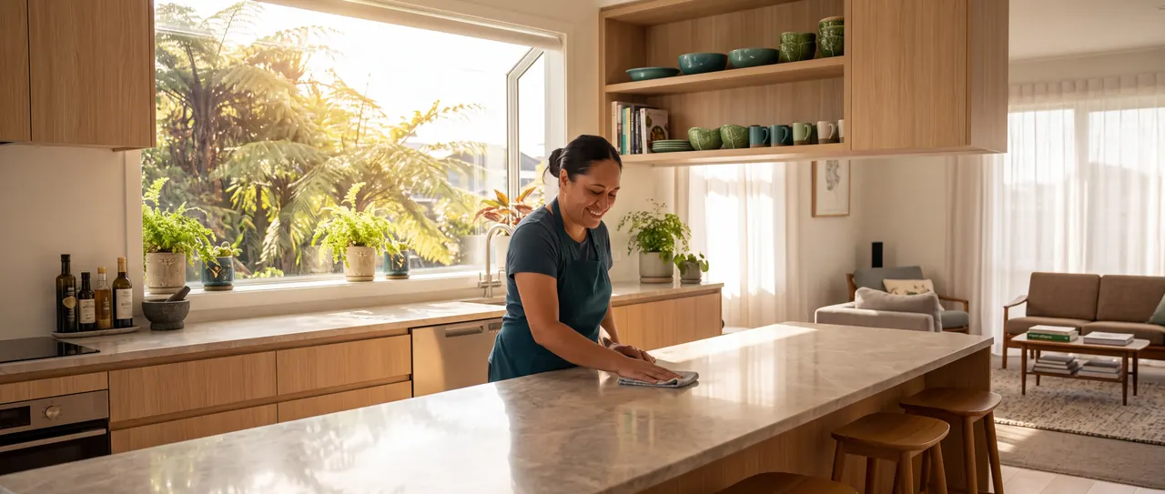 Cleaner wiping down the kitchen bench of an Auckland villa