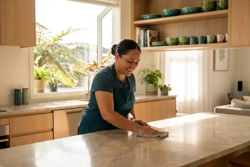 Cleaner wiping down the kitchen bench of an Auckland villa