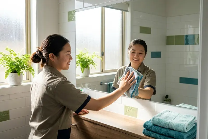 A cleaner polishing a bathroom mirror above a timber vanity with folded towels