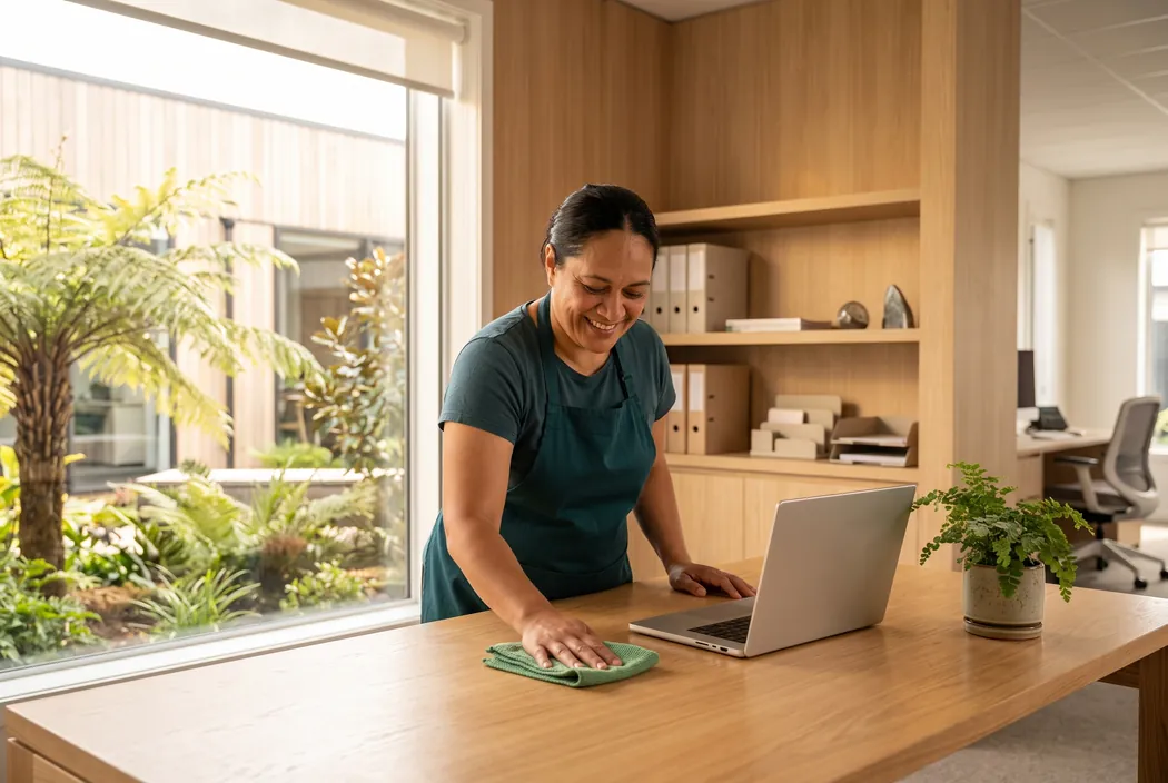 Cleaner wiping down an office desk with a microfibre cloth
